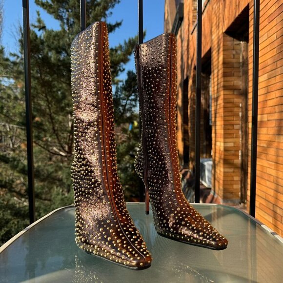 New Jeffrey Campbell Iconic Heeled Studded Boots Shoes Gold Bronze Womens 10 - Picture 3 of 11